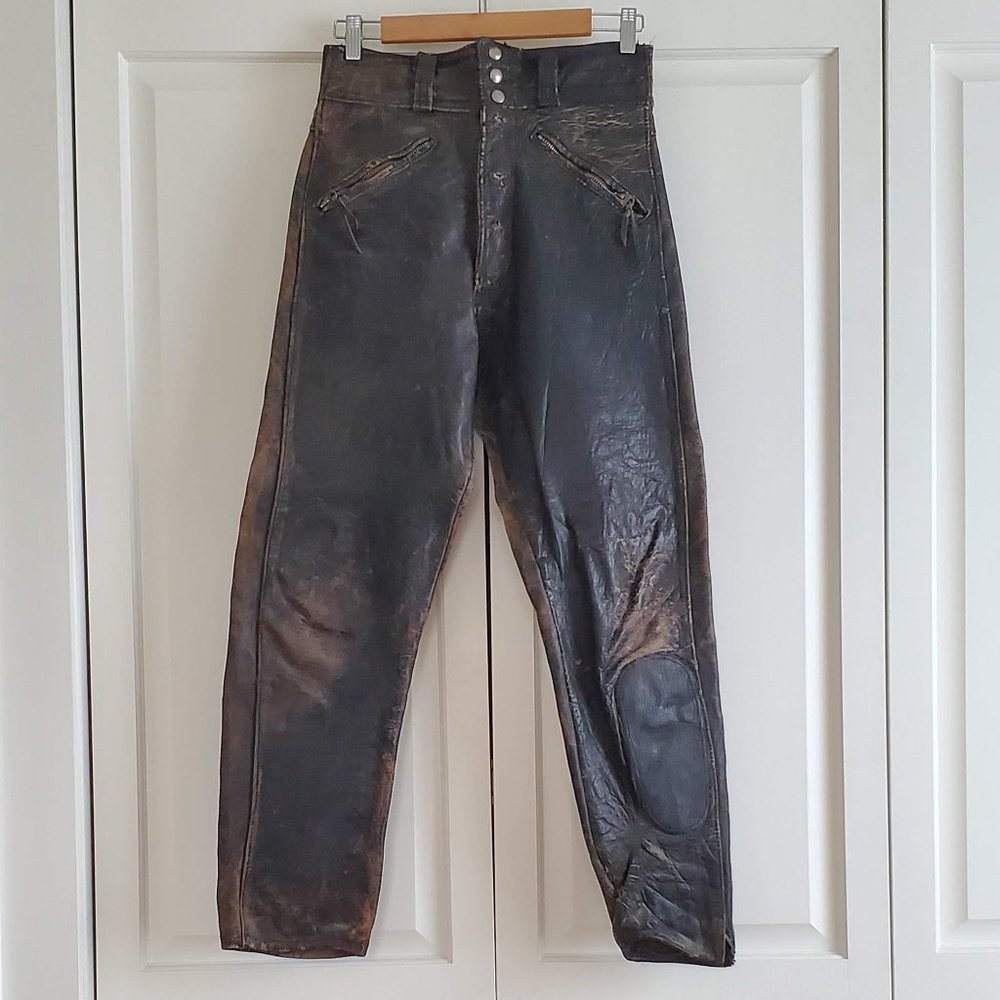 Vintage Distressed Leather Moto Riding Pants